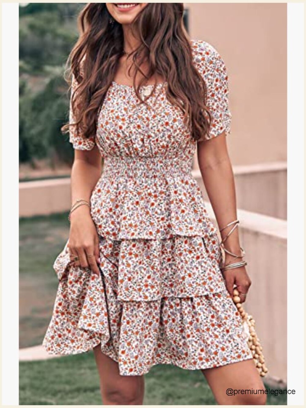 Floral Square Neck Short Sleeve Tiered Ruffle Boho Swing Mini Dress - Picture 6 of 7
